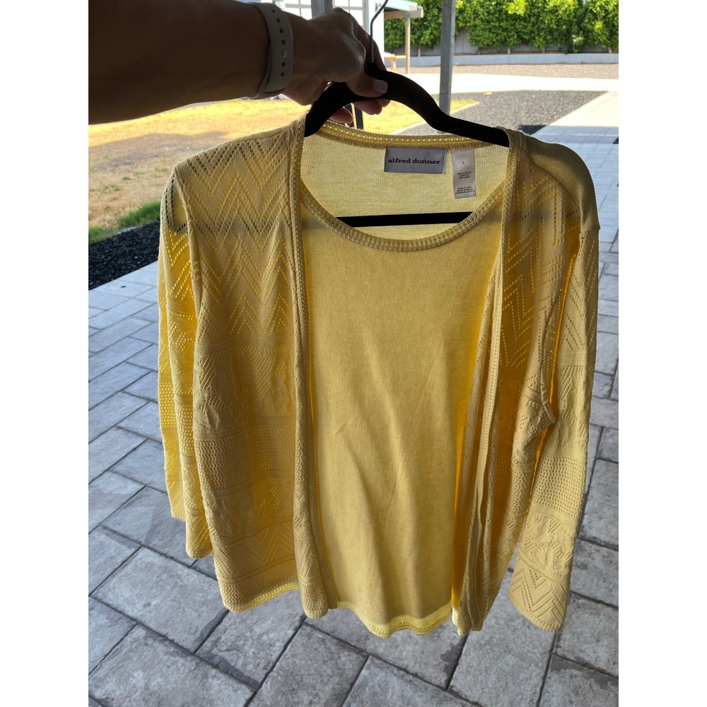 Alfred Dunner Yellow Pointelle Knit Long Sleeve Top Zigzag Lace Trim Vintage L